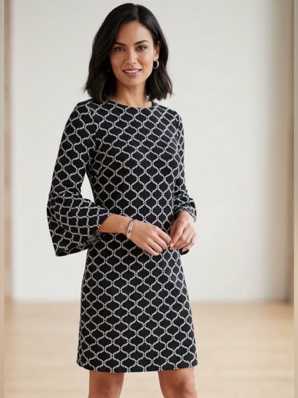 tyler böe Black & White Trellis Jacquard Bell Sleeve Dress - Size m
